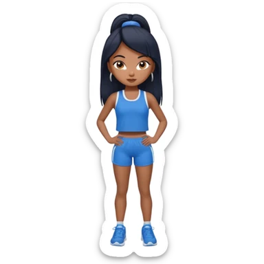 a pretty bratz tan girl who is skinny, hair color is black. wearing blue gym clothes.  sticker