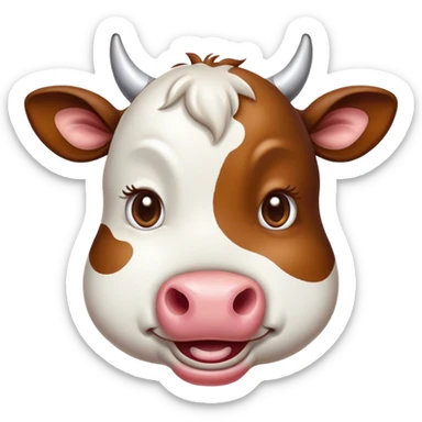 Cinematic Comical Brown and White Cow Portrait Emoji, Head tilted dramatically with an exaggeratedly amused expression, featuring a striking, glossy hide with a dynamic mix of brown and white, wide, expressive brown eyes filled with playful disbelief, Simplified yet hilariously expressive features, highly detailed, glowing with a slightly sassy glow, high shine, dramatic yet playful, stylized with an air of cheeky mischief, bright and endearing, soft glowing outline, capturing the essence of a spirited and over-the-top cow, so meme-worthy it feels like it could moo its way into internet fame instantly! sticker