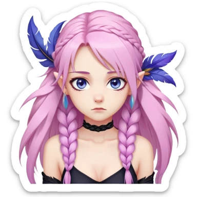 Gorgeous anime lady long-pale-pastel-pink-hair with one braid on each side, grumpy expression, purple-pink feather-ear-cuffs in hair, black bodysuit, blue eyes, pink iris, ethereal, fashion aesthetic  sticker