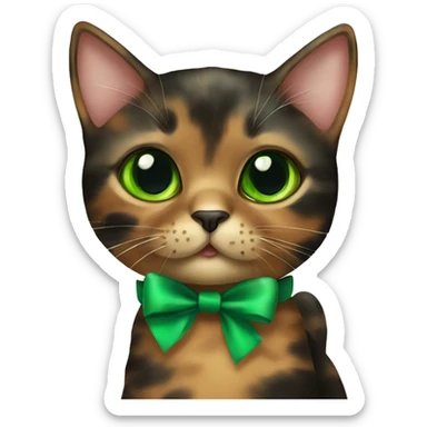 Cute tortoiseshell cat with green eyes wearing a bow collar sticker