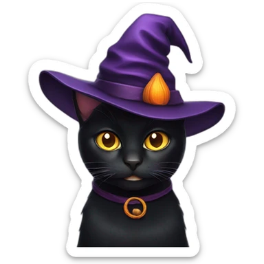 black cat with a witch hat sticker