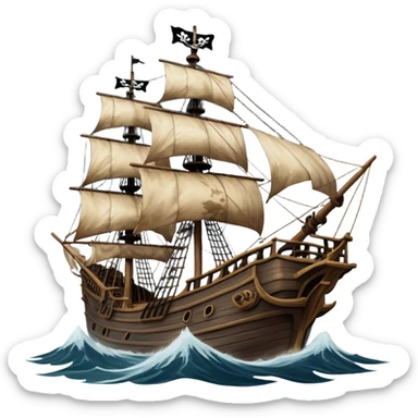 An icon representing an adventure game, inspired by high-seas exploration. The design features a fearless pirate gripping the wheel of a grand sailing ship, its tattered Jolly Roger flag billowing as it cuts through stormy waters. The scene evokes danger, treasure, and the thrill of the open sea. Transparent background. sticker