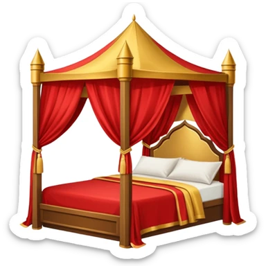 bed with red and gold sheets, wooden, canopy, simple, castle like sticker
