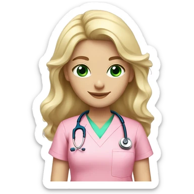 pale blonde girl with long wavy hair and green eyes wearing pink scrubs and stethoscope  sticker