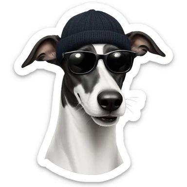 A black and white greyhound wearing cap and sunglasses and a black turtleneck sweater  sticker