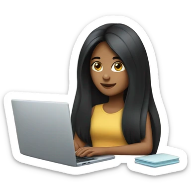 a girl with long black hair working at a laptop computer sticker