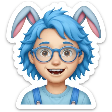 kid with teeth braces bunny eared blue haired curly big teeth and glassess sticker