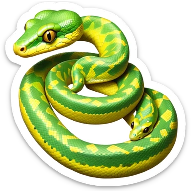 cinematic-green tree python-realistic-full-body-coiled-emoji,-thick-scaled-body-looped-tightly,-intricate-yellow and white-patterned-scales-reflecting-light,-head-tilted-dramatically,-cute-eyes-staring-calmly,-simplified-yet-realistic-focused-feature sticker