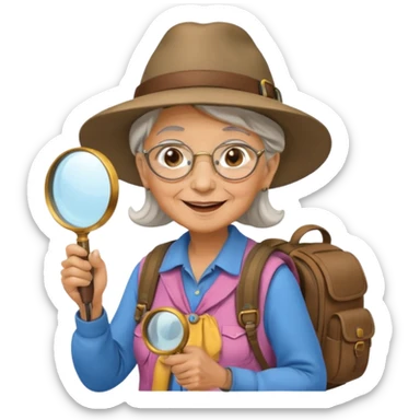 Explorer old woman with hat and magnifying glass and backpack, portrait sticker