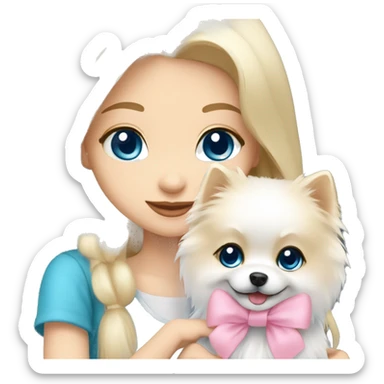 Blond girl white skin blue eyes hugging white Pomeranian with light pink bow sticker