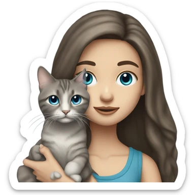 long haired brunette blue eyed girl holding a grey tabby cat sticker