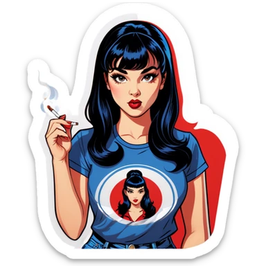Sexy young pinup woman lighting up a cigarette she has long dark blue black hair with front bangs and she’s wearing a red t shirt, pop art sticker