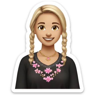 Slavic girl, light skin, brown eyes, black-to-blonde ombre straight tail, smiling with teeth, wearing beautiful dark blouse with a folk pattern of small pink flowers and gold necklace. sticker