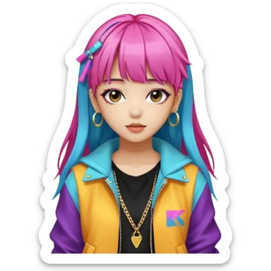 Portrait of a young female K-pop idol, wearing a stylish streetwear outfit with layered clothing and bold accessories, colorful dyed hair with bangs, confident expression, soft lighting, front-facing, energetic and glamorous vibe sticker