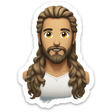 man with beard, long hair, tan skin, trident tattoo on the neck sticker