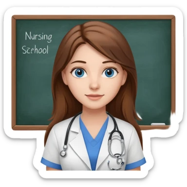 university classroom that says nursing school on the blackboard with a pretty female nursing student with long brown hair, blue eyes sticker