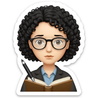 writer holding pen in hand and closed book in other hand, with black curly hair and wearing glasses sticker