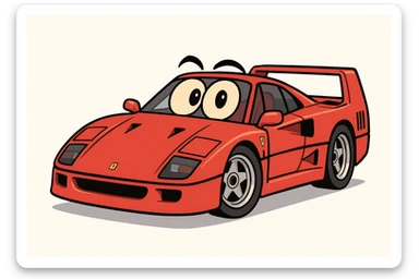 Ferrari F40, stylized cartoon, bold lines, bright red, dynamic pose, on white background sticker