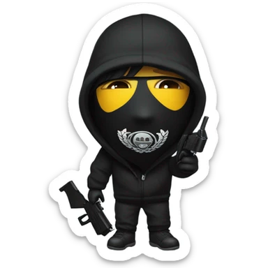 person with black hoodie on and black sweats and black ski mask with a black watergun sticker