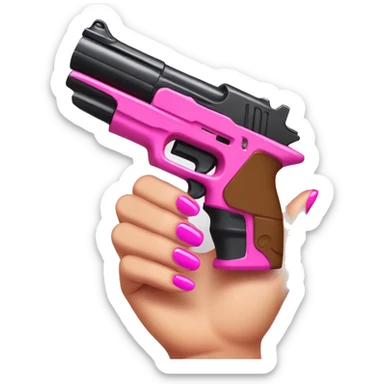 brown hand with pink nails holding large scary dark nerf gun sticker