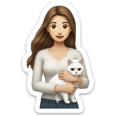 woman with brown hair holding a white Siberian cat sticker