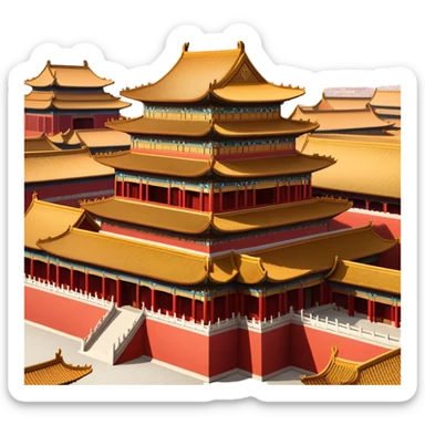 Cinematic Realistic Forbidden City Landmark Emoji, depicting grand imperial architecture with golden rooftops, vast courtyards, and intricate wooden carvings, all surrounded by towering red walls. sticker