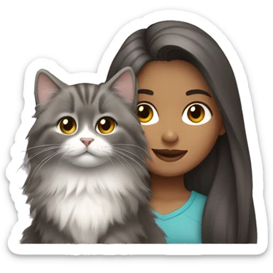 Dark brown straight hair girl with holding fluffy Siberian gray cat  sticker