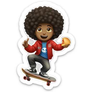 boy with afro at the mall skateboarding and eating Panda Express sticker