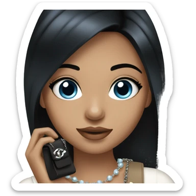  girl, straight black hair, blue eyes, a Chanel handbag in her hand sticker