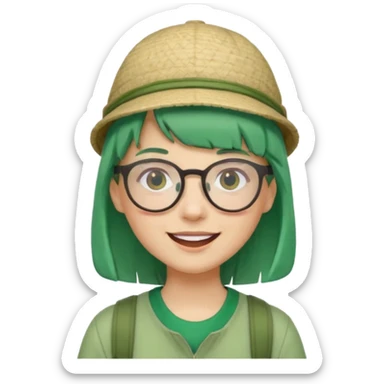 bangs, cute tourist hat, green hair very happy and glassess sticker