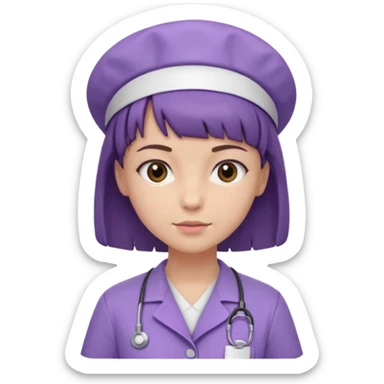 A young female slim nurse with short Brown hair with fringe over her forehead, wearing larvendar purple working cloth, show her hair style without any head wear sticker