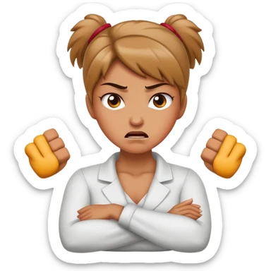 Woman crossed arms while holding neck with a angry face sticker