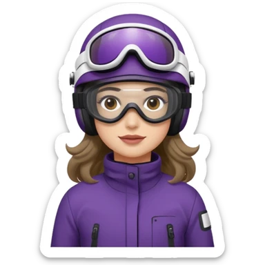 Sitting on snowmobile goggles and helmet not covering my face brown eyes long wavy hair white skin dark purple change snowmobile color to dark purple and white not yellow Snowmobile helmet and goggles, not on my face pants black no glasses on my face sticker