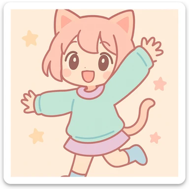 cute anime cat girl, short hair, energetic pose, oversized sweater, bright eyes, playful vibe sticker