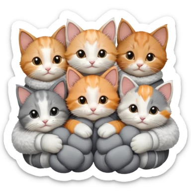 6 tiny kittens cuddling together all various different natural colours including solid grey with white mittens, grey and white, ginger and white, calico, and brown and white sticker