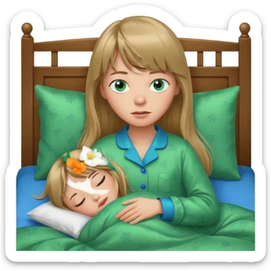 Woman with long dark blond hair and bang, blue eyes sleepy in bed  with green pyjama sticker