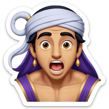 Cinematic Realistic Aladdin Portrait, head tilted slightly with a dramatic, wide-open yawn, revealing a relaxed, yet still vigilant expression. The lifelike textures of his skin and carefully rendered fabric of his attire combine with warm, ambient lighting to capture a moment of endearing, laid-back heroism. sticker
