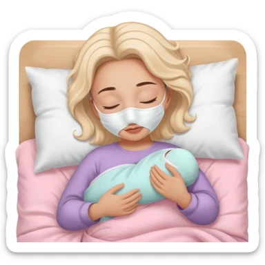 Girl sleeping peacefully with a white beauty face mask on, self care routine. baby pink bedding  sticker