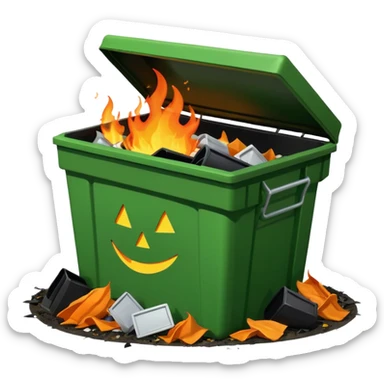 Green dumpster with a black partially open lid. surrounded by pieces of trash on the ground arount it. orange flames are buring lare an bright inside the dumpster. dumpster is smiling sticker
