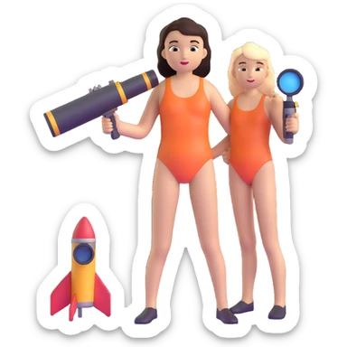 girl in a swimsuit with a telescope and a rocket sticker