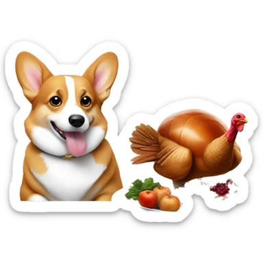 A corgi and a turkey sitting at a fancy table sticker