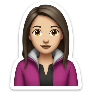 white girl with brown eyes, long straight dark brown hair, curtain bangs, and a magenta jacket sticker