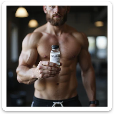realistic photo of a crossfit athlete holding a vial labeled 'Stanozololo', prominent muscles, natural light, gym background sticker