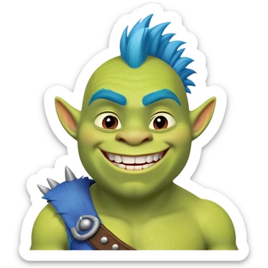 Shrek with a blue mohawk smiles a toothless smile sticker