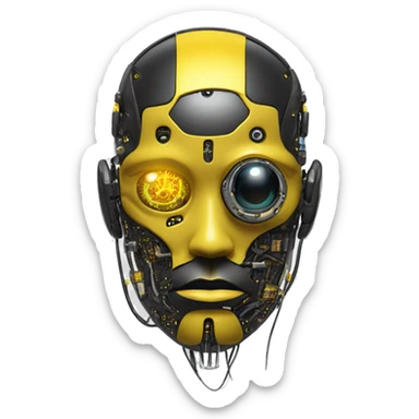 black and yellow cyborg head with circuitry, one artificial eyeball, and yellow goatee sticker
