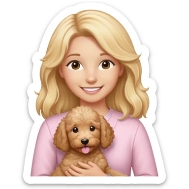 girl with long blonde hair wearing light pink smiling holding tan goldendoodle sticker