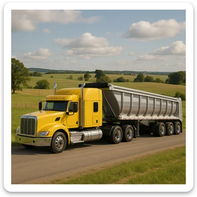 realistic yellow sleeper semi truck with a large end dump trailer in a country landscape sticker