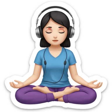 An East Asian woman🧘🏻‍♀️ is sitting cross-legged in a meditation pose, wearing Apple headphones🎧 and listening to music. The song is so beautiful that she has her eyes closed and tears streaming down her face. sticker