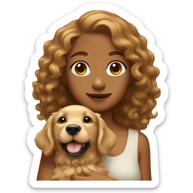 Tan skinned girl with  curly hair with a golden retriever puppy sticker