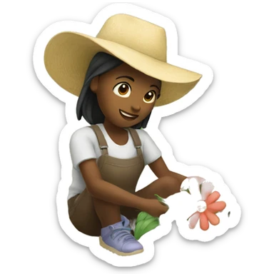 A girl plants flowers in the village sticker